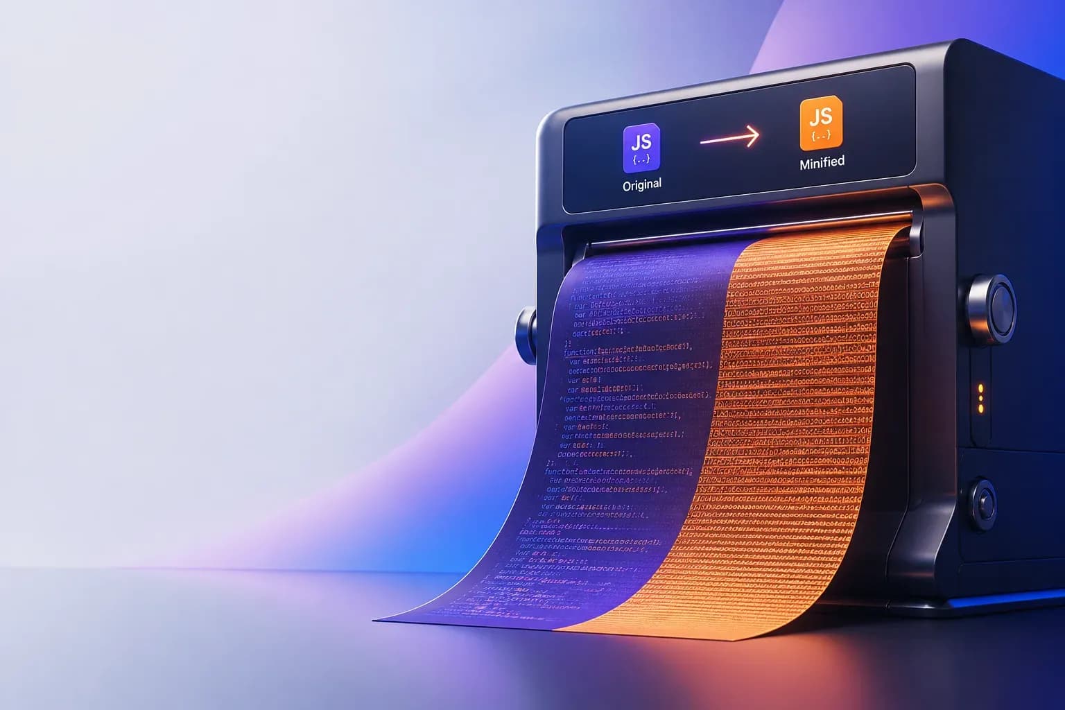 Machine labeled Original and Minified JS feeding out a purple ribbon of spaced code and a dense orange minified ribbon