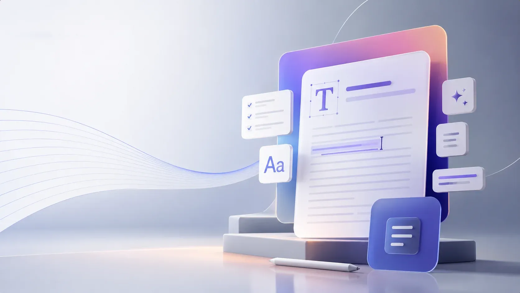 3D document page with a boxed T heading, an Aa font tile, a checklist card and a pencil resting on white steps