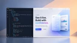 Code editor with index.html beside a browser at live-preview.local showing a See it live. Build with confidence page