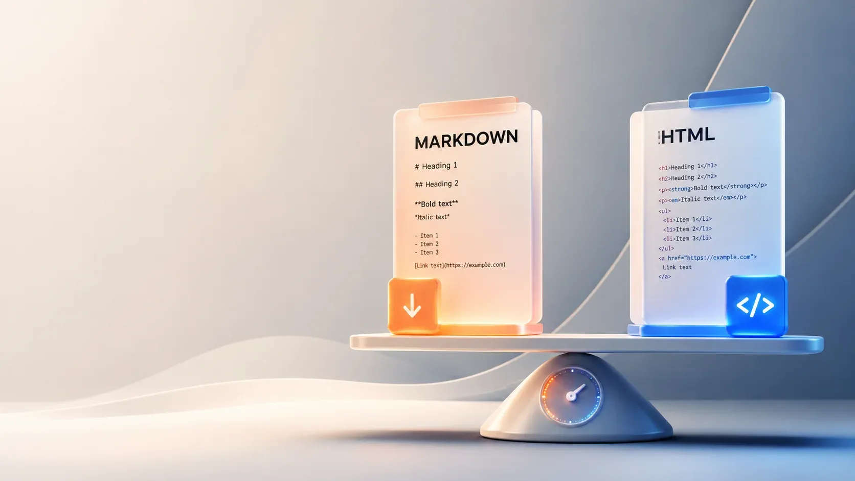 Markdown and HTML compared on rendered weight, capability, and safe authoring use cases
