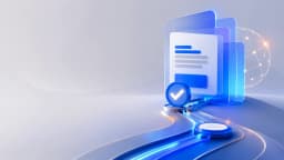 Stacked glowing blue document cards with a checkmark badge and a networked globe above a winding illuminated path
