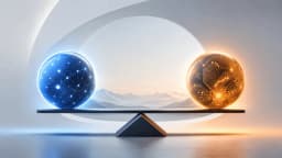 Blue network sphere and orange circuit-board sphere balancing on opposite ends of a seesaw against misty mountains