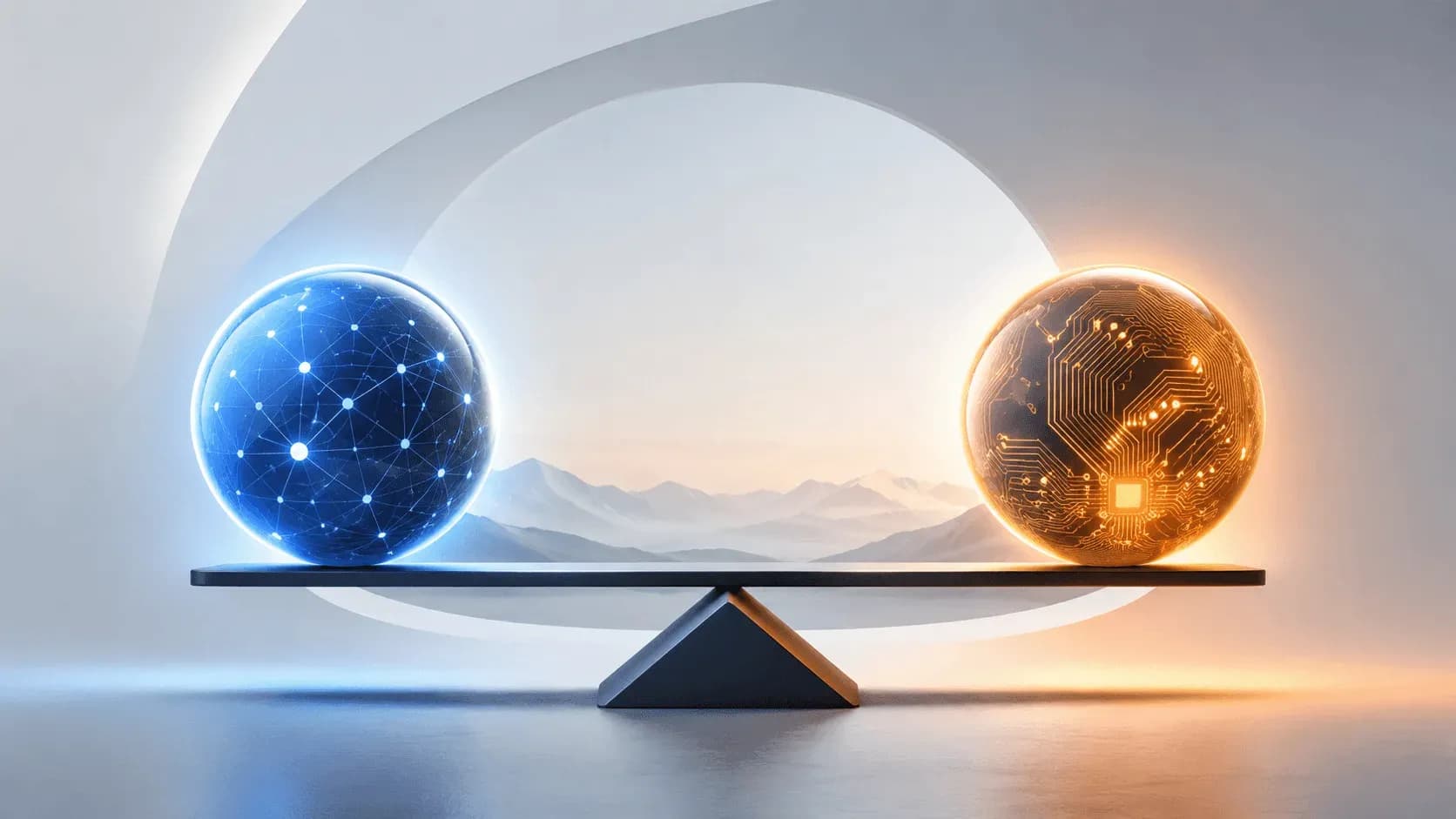 Blue network sphere and orange circuit-board sphere balancing on opposite ends of a seesaw against misty mountains