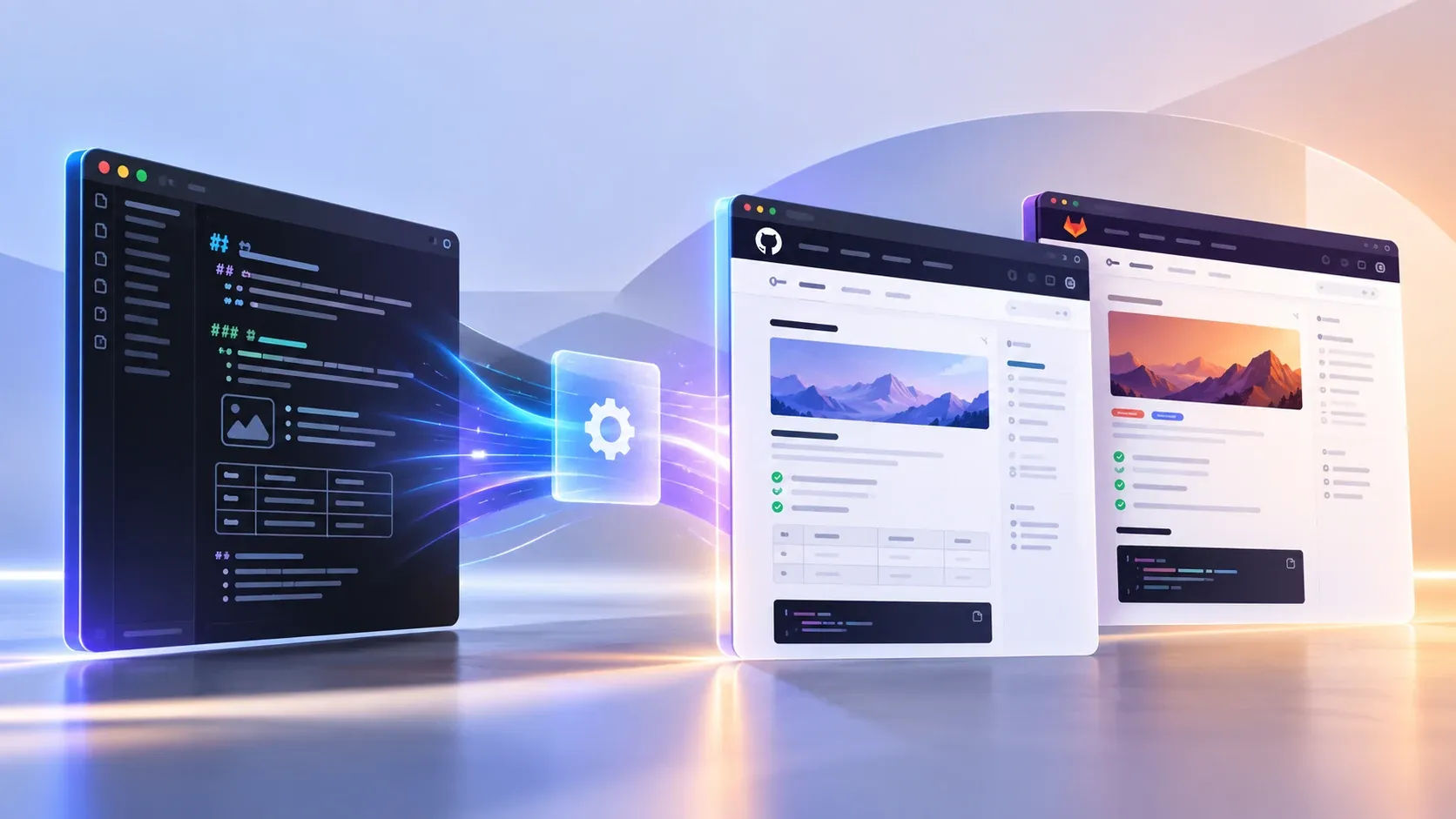 "A 3D illustration of a Markdown source file in an editor on the left passing through a settings panel into two repository pages side by side, one bearing the GitHub mark and one the GitLab mark."