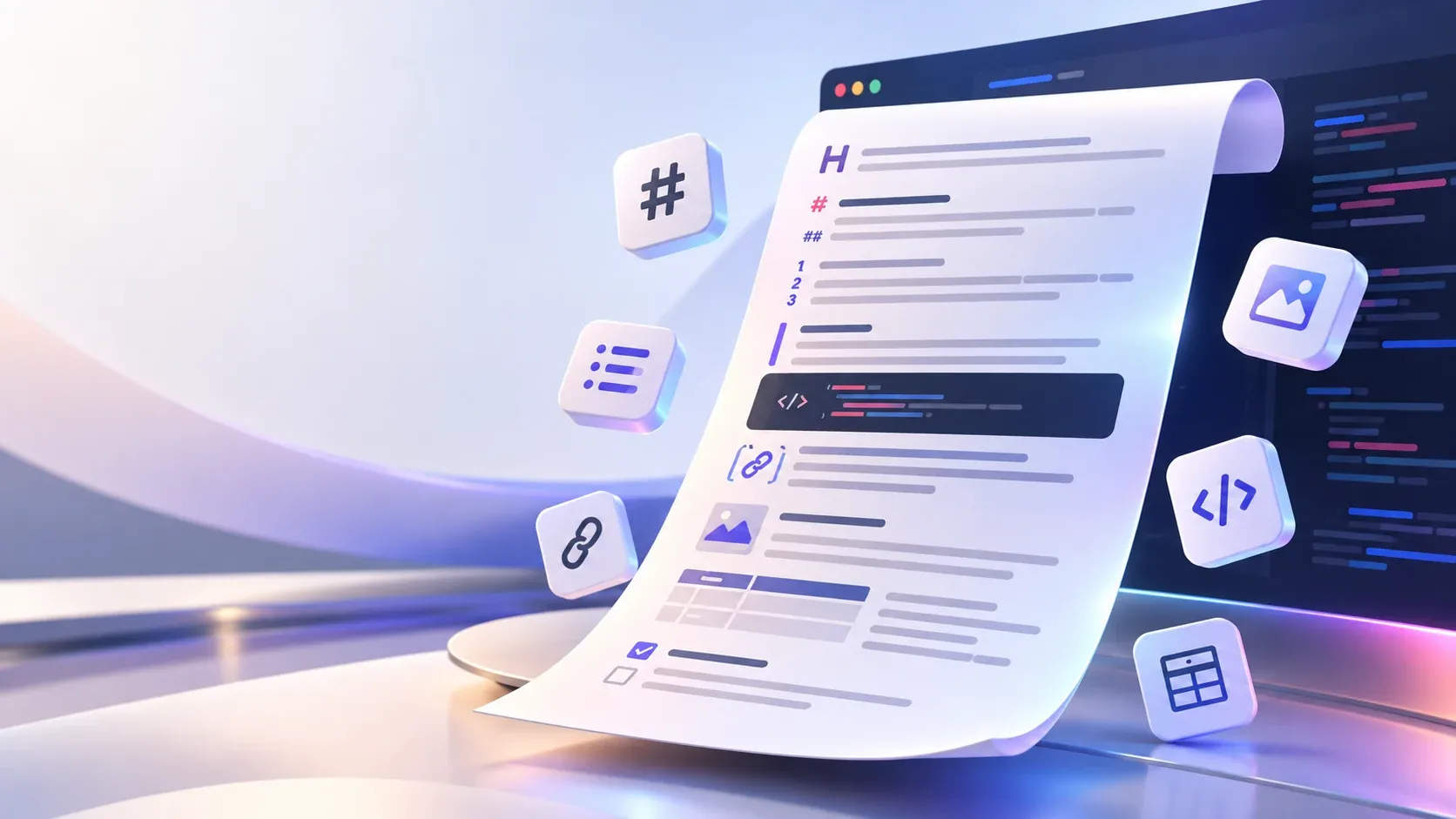 "A 3D illustration of a Markdown document with a heading, numbered list, code block, table, and checkbox, surrounded by floating syntax tiles for the hash, list, image, link, and code symbols."