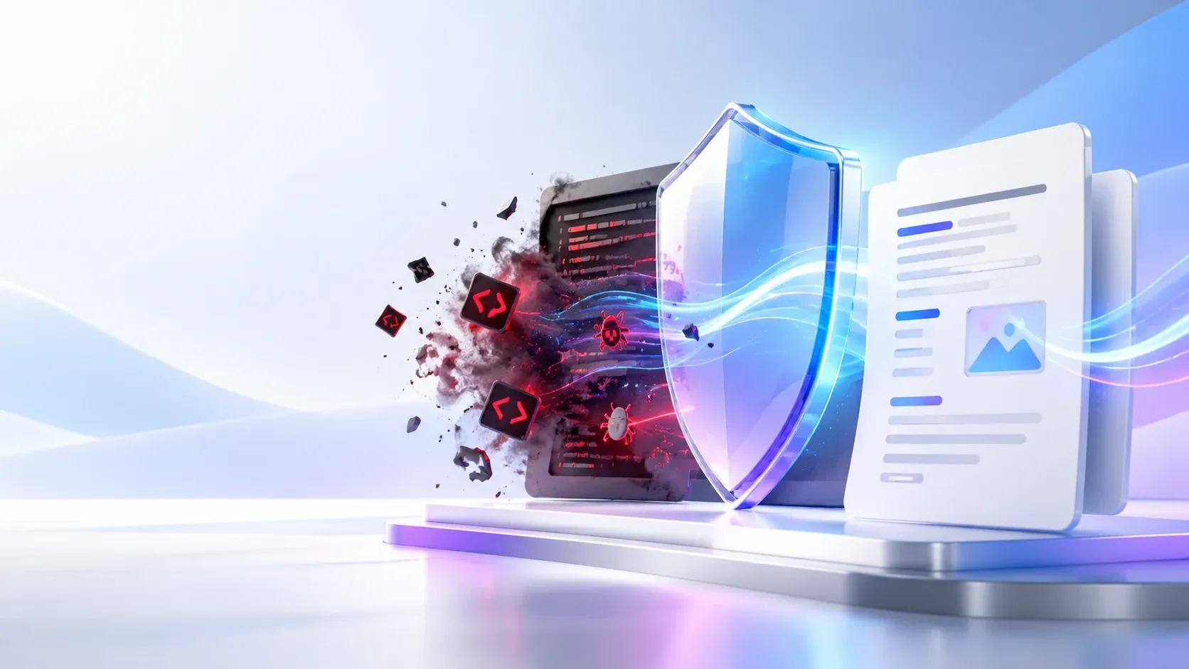 "A 3D illustration of malformed code fragments breaking apart on the left, passing behind a translucent blue shield in the centre, and reaching a clean document on the right."