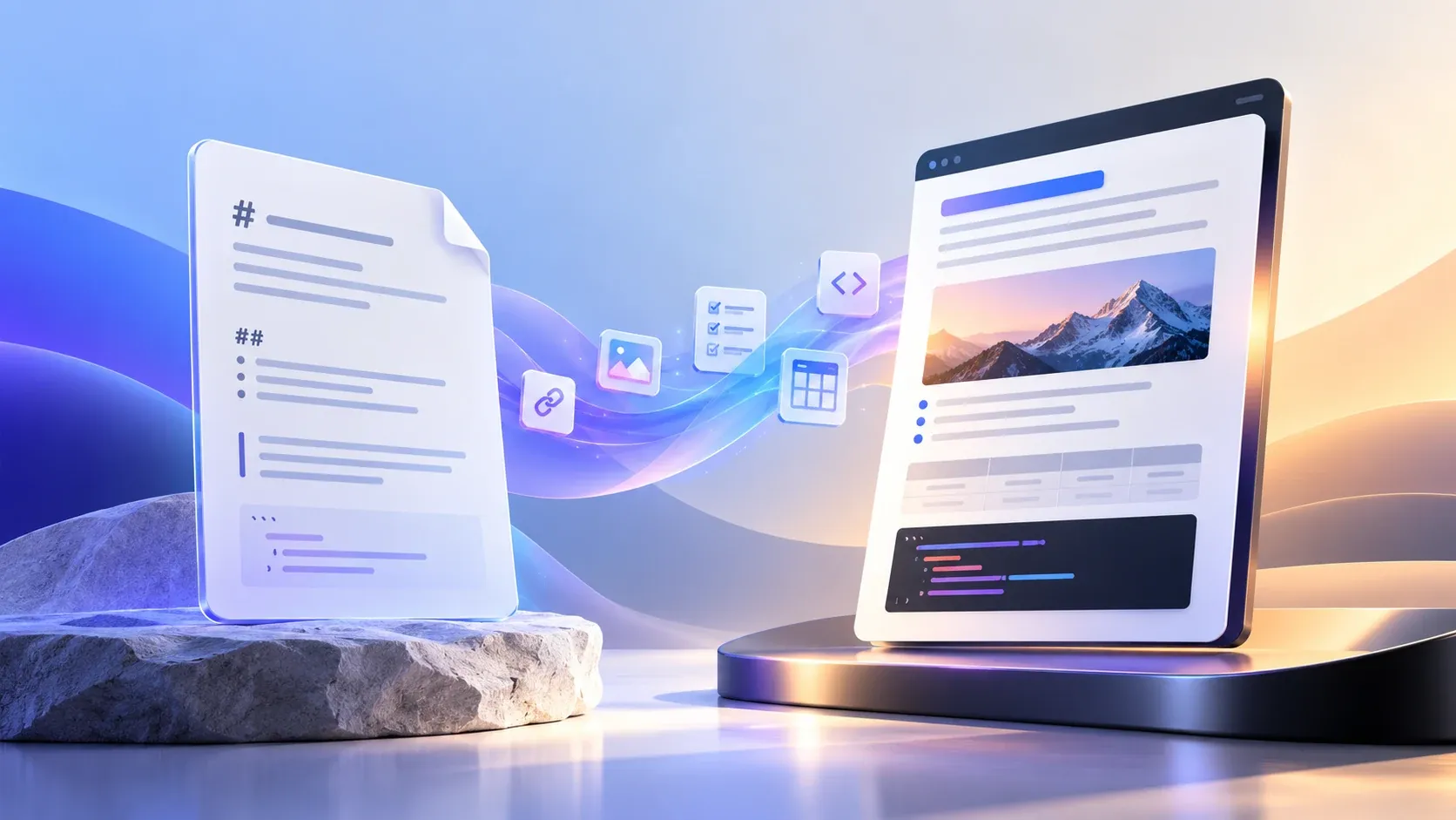 "A 3D illustration of a plain Markdown document on a stone slab sending extension tiles for tables, task lists, links, and code toward a richer rendered web page on a pedestal."