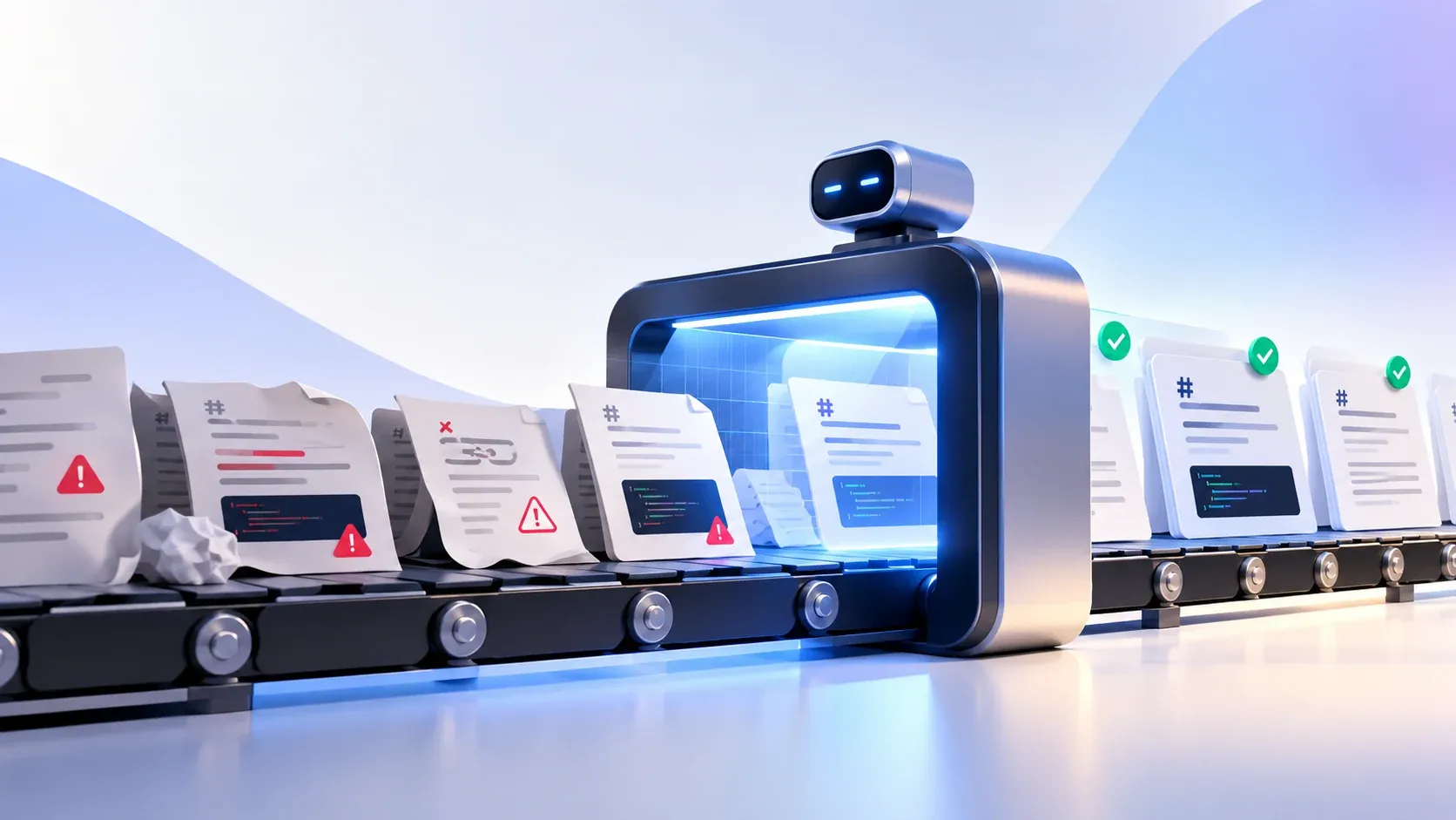 "A 3D illustration of a robot inspecting a conveyor belt of Markdown documents, with error-marked papers entering on the left and green-checked papers leaving on the right."