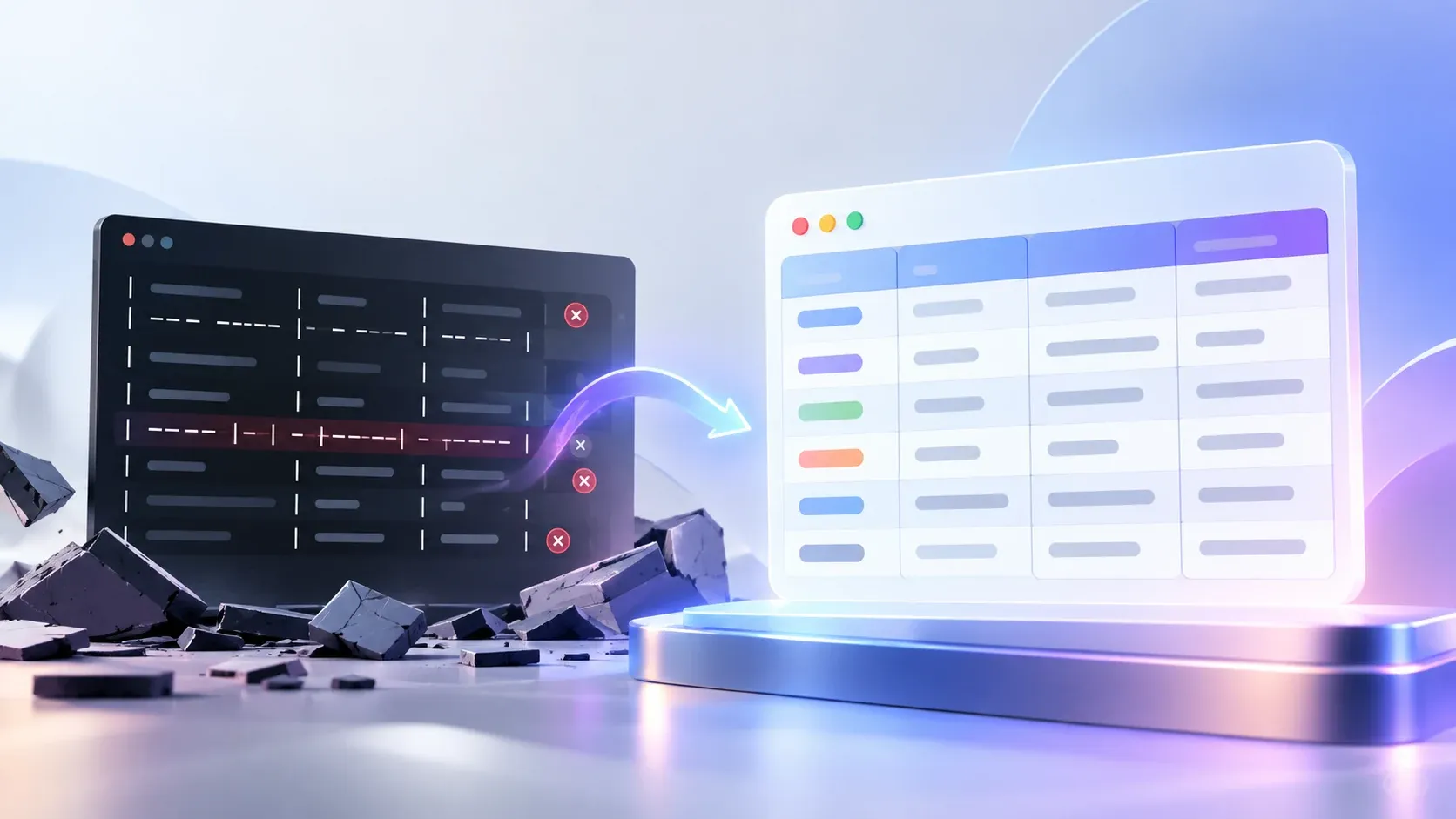 "A 3D illustration of a broken pipe-delimited table on a dark screen with red error markers and scattered debris, converting via a glowing arrow into a clean rendered data table."