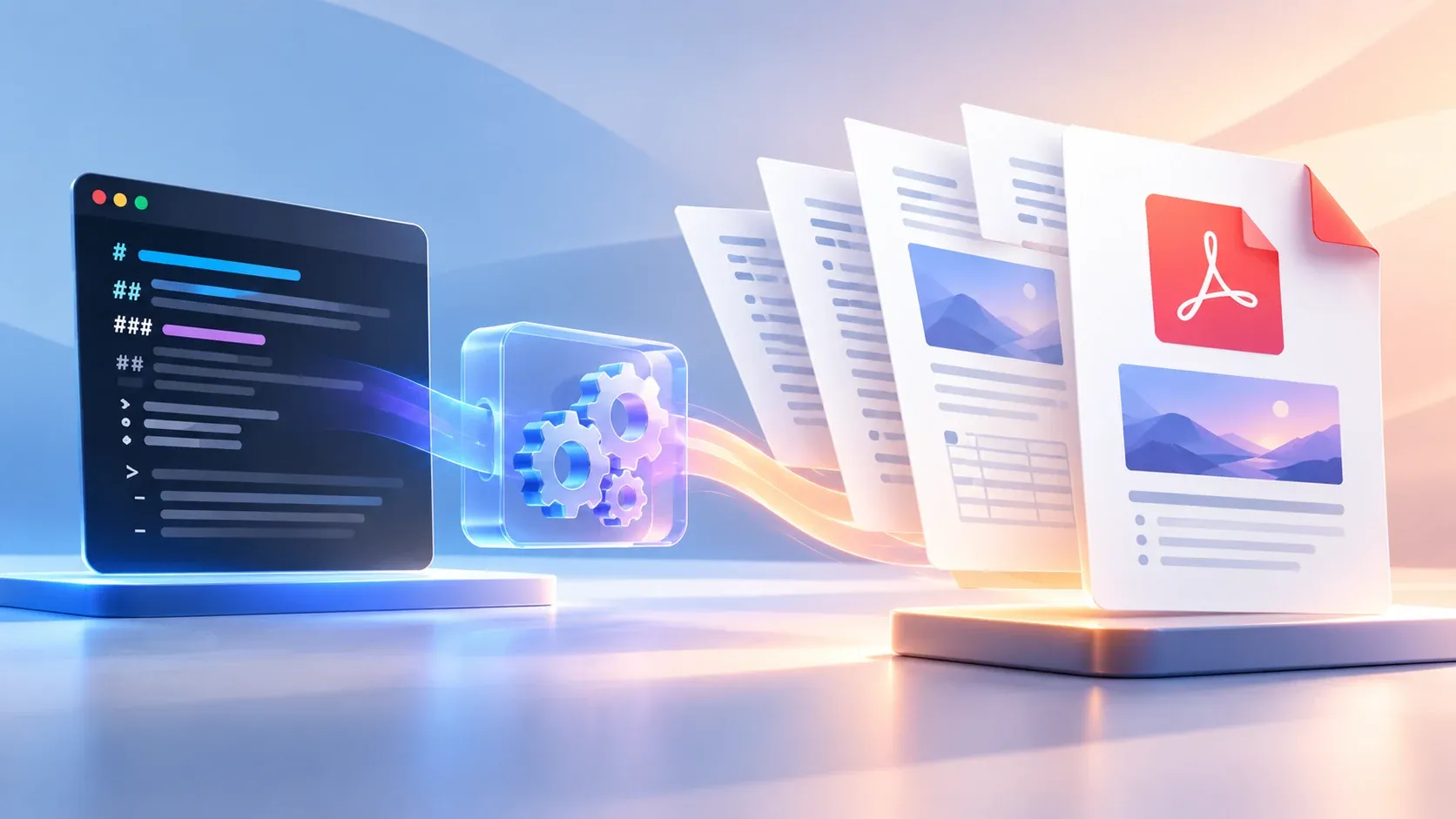 "A 3D illustration of a Markdown source file on a laptop passing through a glowing gear mechanism and emerging as a fanned stack of formatted PDF pages."