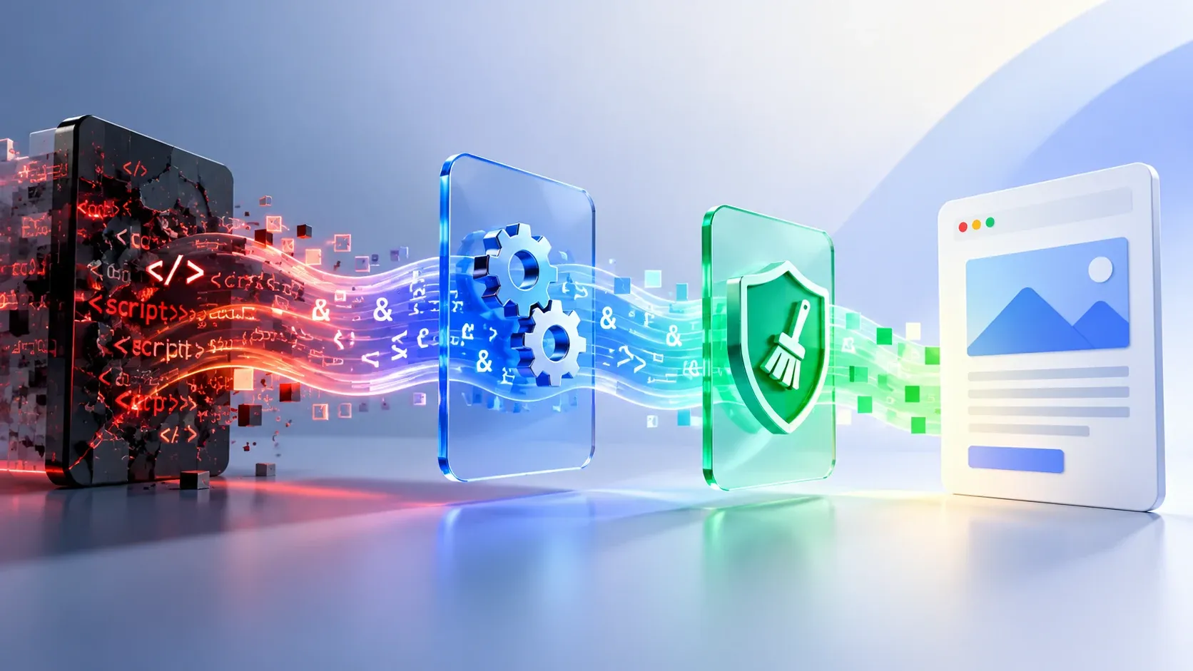"A 3D illustration of red script and angle-bracket fragments on the left passing through a blue gear panel and a green shield panel before reaching a clean document on the right."