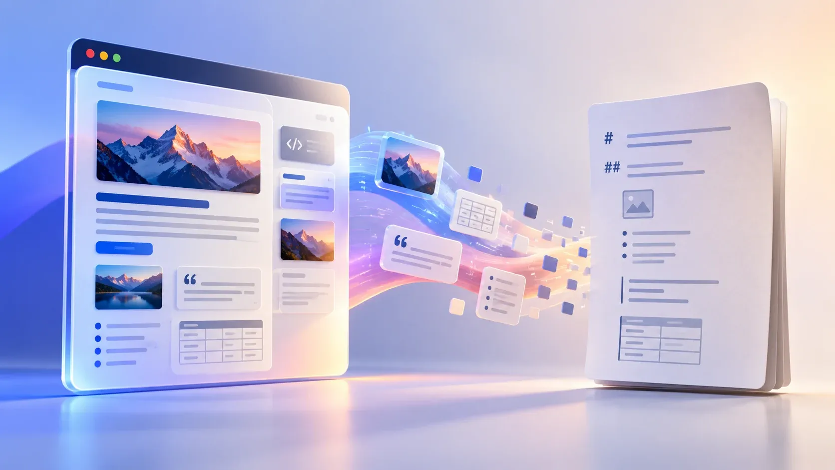 "A 3D illustration of a rich HTML page on the left breaking into small content blocks that reassemble as a plain Markdown document on the right."