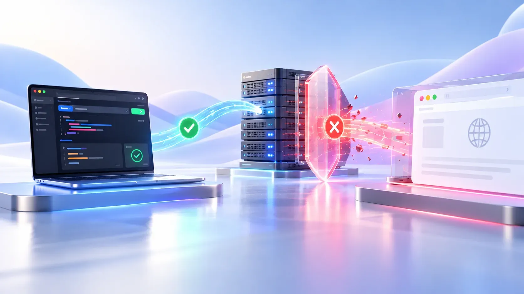 A developer laptop and a web server linked by a blue data path that stops at a red hexagonal shield marked with a cross, while a browser window on the far right shows a page that never received the response.