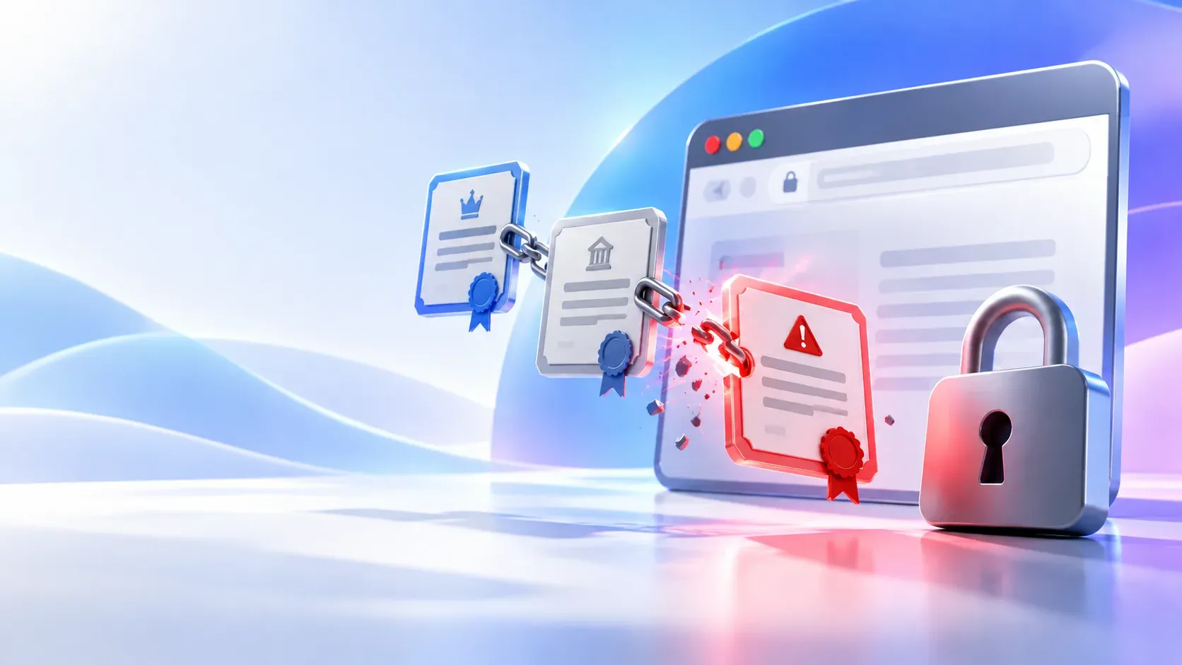 Two certificate documents linked by a broken chain, one blue and one grey, beside a red certificate stamped with a warning triangle, next to a browser address bar showing a padlock and a padlocked block.