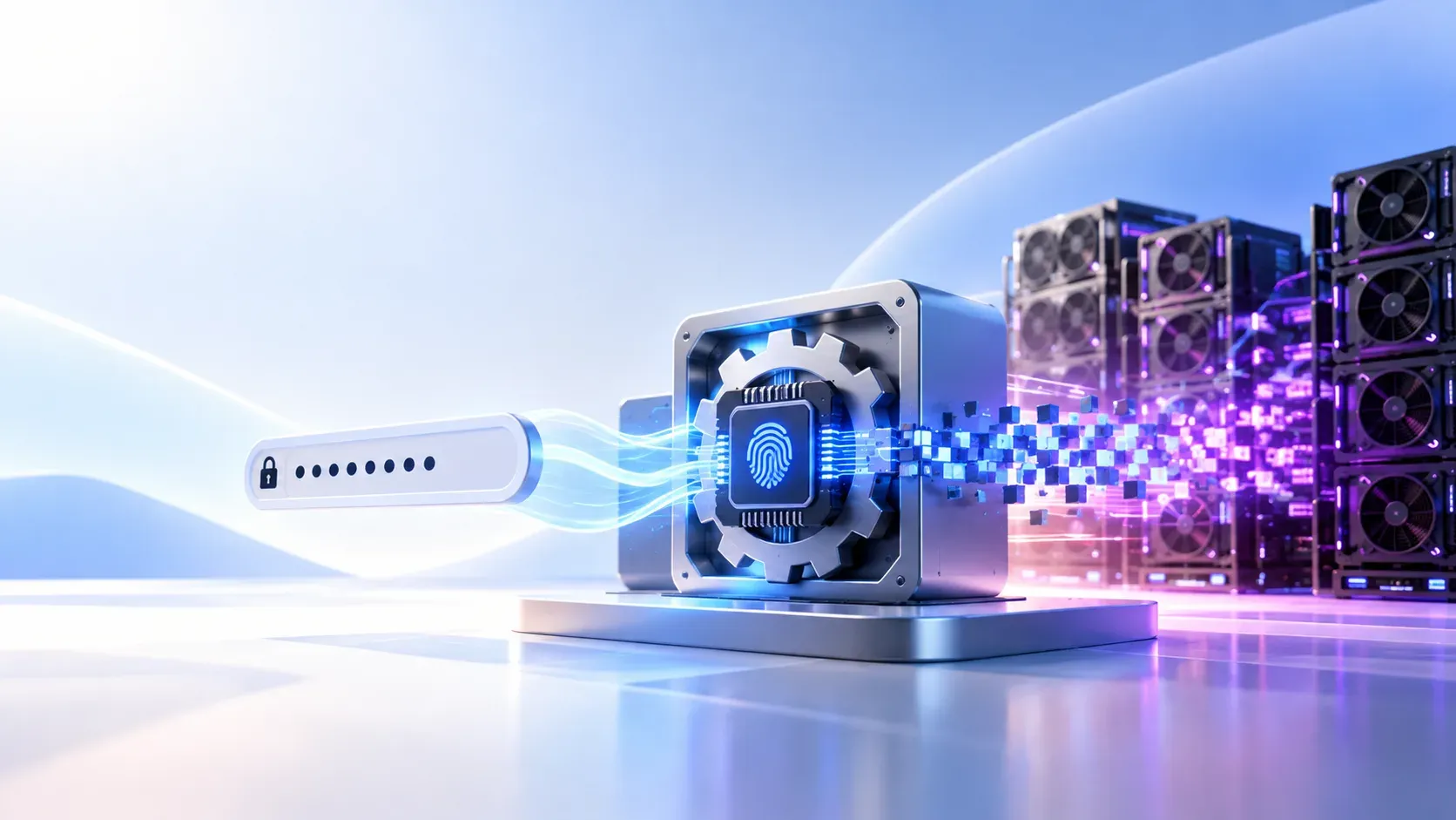 A password field sending a stream of dots into a fingerprint scanner chip mounted on a large gear, which breaks the input into a scattered trail of cubes moving toward a rack of servers.