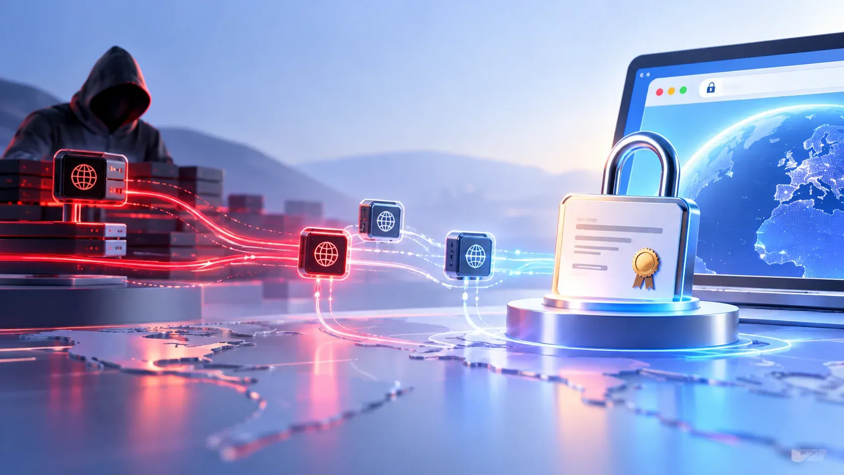A padlock rendered in green beside an authoritative DNS zone tree for .gh, .sl and .as, where one changed record leads to an otherwise perfectly valid certificate chaining to a real trusted root.