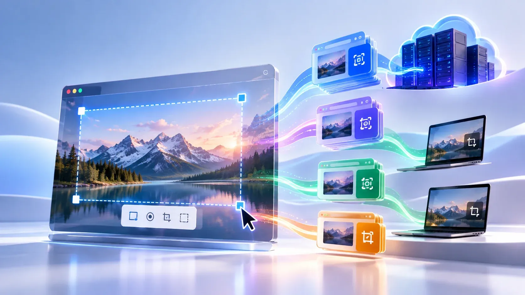 A split illustration: a browser address bar sending a link to a distant server on one side, and a screen capture staying inside a laptop on the other.