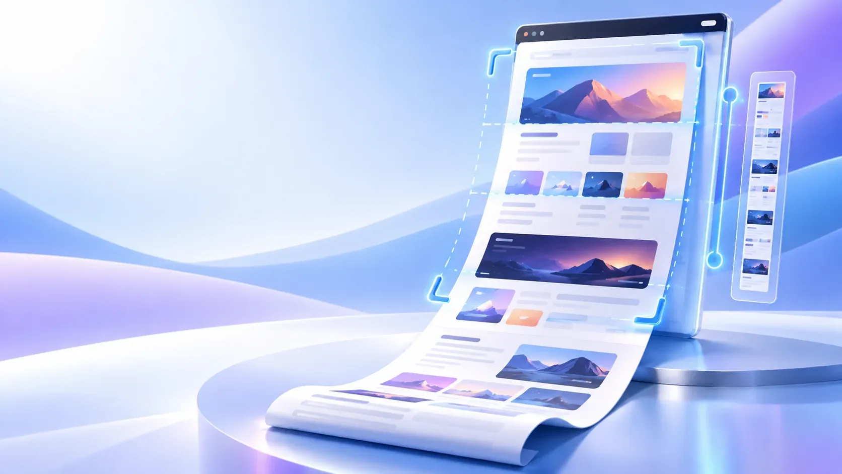 A tall webpage with a sticky header, lazy-loading images, and parallax layers splitting into stitched tiles beside a single full-height render.