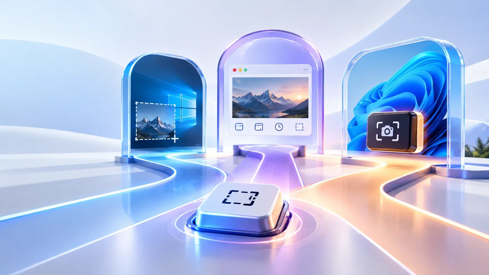 Editorial illustration of a Windows desktop with a capture overlay, a Snipping Tool editor window and a highlighted Print Screen key