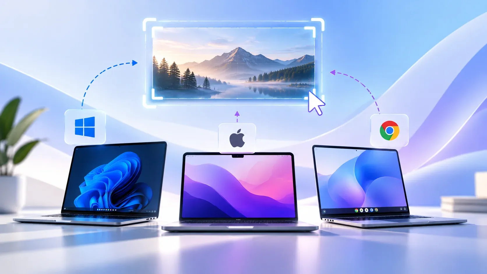 Split illustration of a Mac keyboard and a Chromebook keyboard with arrows showing where each screenshot lands, desktop folder versus downloads