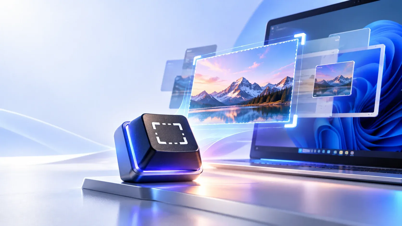 Concept illustration of a Windows keyboard with the Print Screen keycap highlighted, branching into three paths: a clipboard, a region-selection overlay, and a screen snipping toolbar