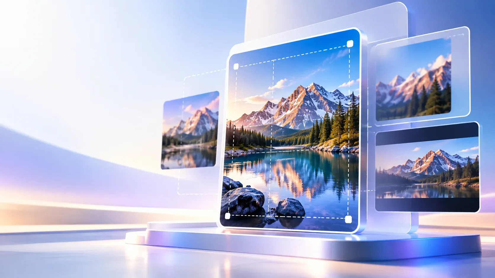 Two stacked panels: a wide 16:9 rectangle holding a photograph whose top and bottom edges are cut off, and beneath it a CSS snippet listing aspect-ratio, object-fit and width/height attributes