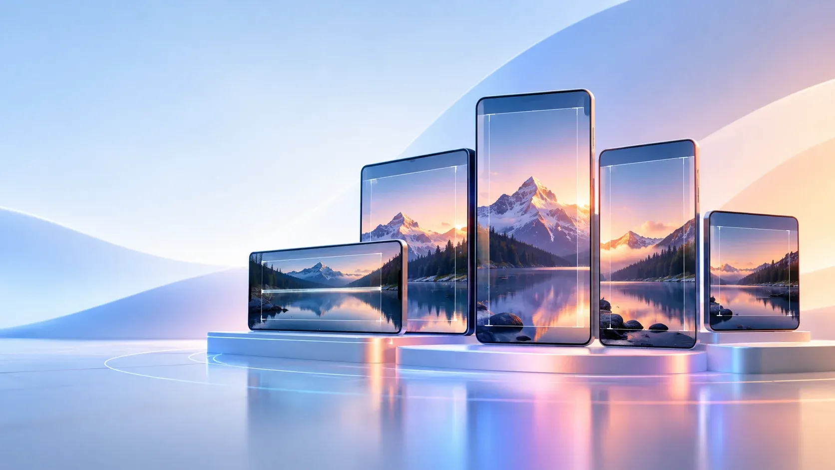 A six-column grid of placement rows and aspect-ratio columns filled with tick marks, with a single bolded recommendation cell in one row, beside two phone outlines holding the same vertical frame at different heights, one carrying a caption bar across the bottom